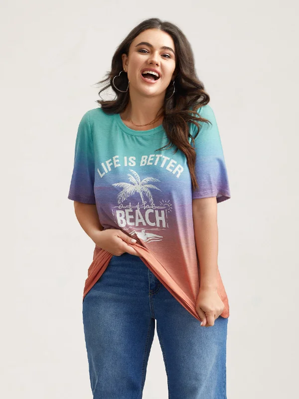 Gradient Beach Print Fitted T-Shirt