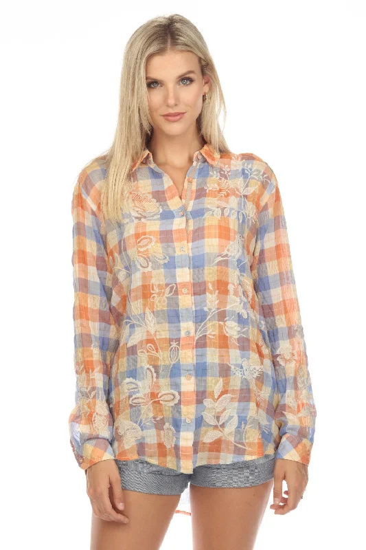 Johnny Was Workshop Harlow Plaid Embroidered Oversized Shirt Tunic Top Boho Chic W25223