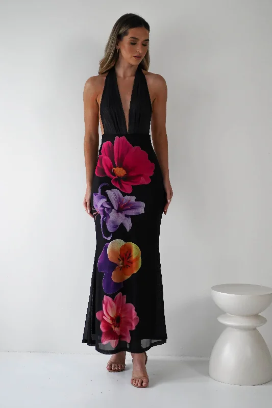 Elanor Floral Print Mesh Maxi Dress | Black