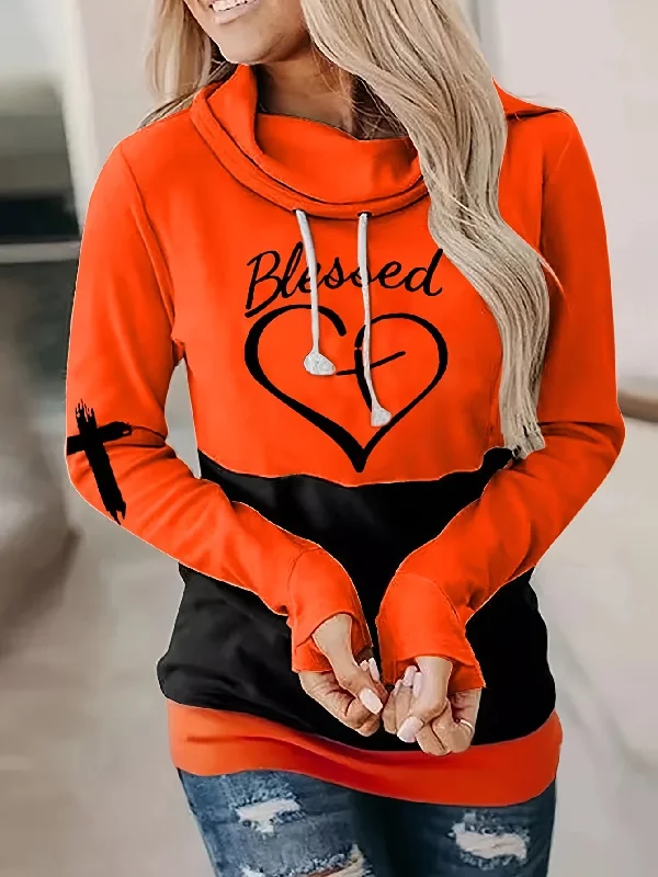 Sixsr Heart & Letter Print Pullover Sweatshirt, Casual Drawstring Long Sleeve Sweatshirt For Fall & Spring, Women's Clothing