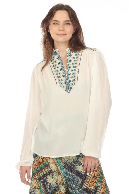 Johnny Was Love White Paola Embroidered Henley Long Sleeve Blouse Boho Chic L13722