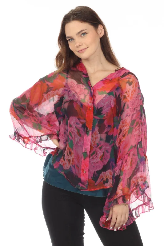 Johnny Was Love Lars Silk Floral Button-Down Shirt Boho Chic L12322-O