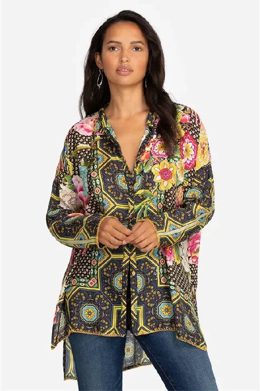 Johnny Was Multi Fagan Josie Silk Printed Button-Down Top Boho Chic C16521-N NEW