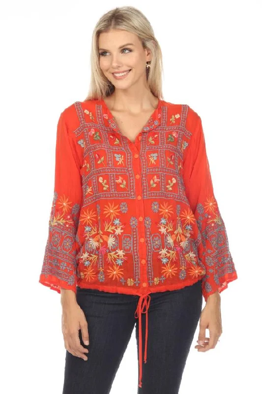 Johnny Was Red Wyatt Floral Embroidered Long Sleeve Blouse Boho Chic C12023