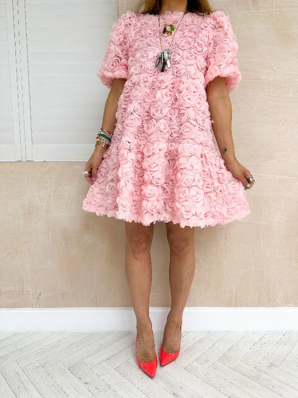 Rose Applique Puff Sleeve Dress In Pink