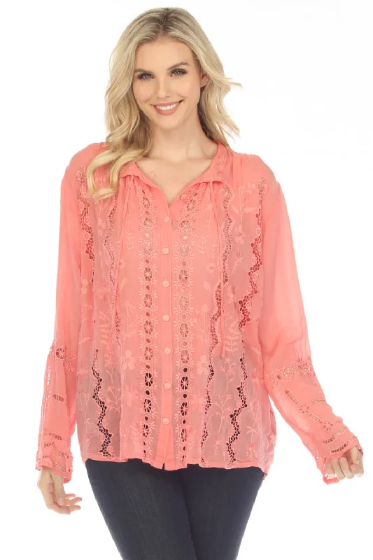 Johnny Was Pink Irini Embroidered Button-Down Blouse Boho Chic C13423