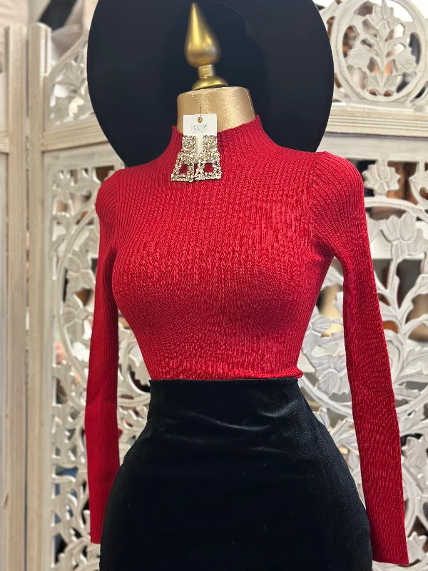 Red Ribbed Mock Neck Blouse