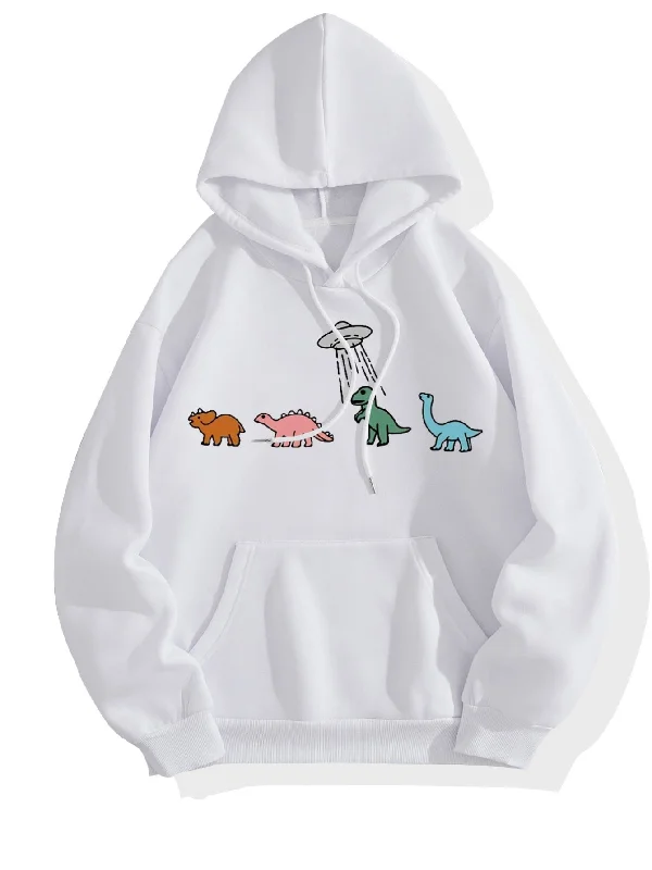 Sixsr Plus Size Casual Sweatshirt, Women's Plus Dinosaur Print Long Sleeve Drawstring Hoodie With Pockets