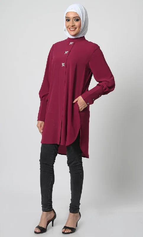 Elegant Nida Fabric Asymmetric Tunic-Maroon