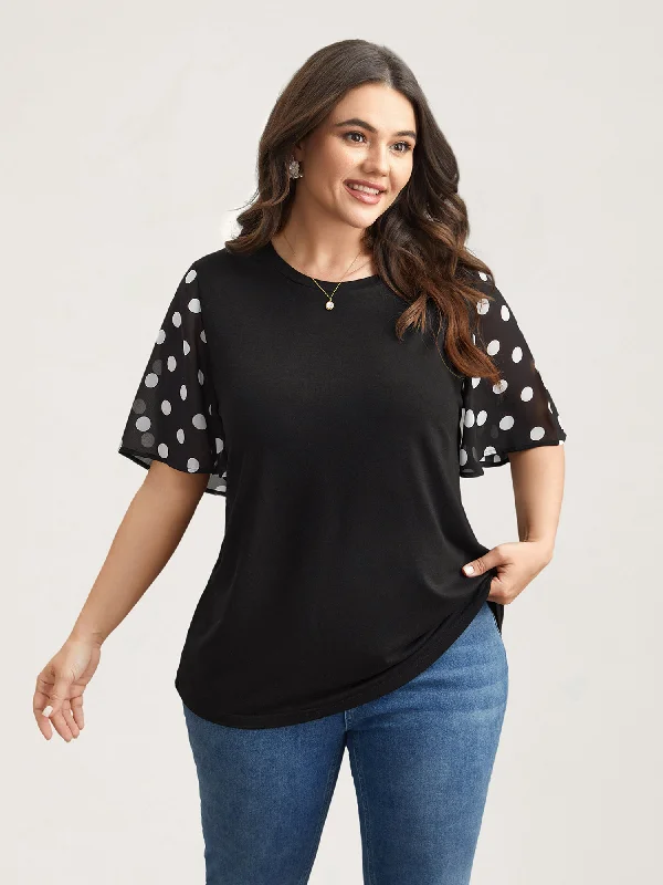 Stretchy Sheer Dot Sleeve Textured T-Shirt