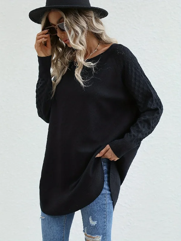 Sixsr Solid Crew Neck Slit Pullover Sweater, Casual Long Sleeve Sweater For Spring & Fall, Women's Clothing