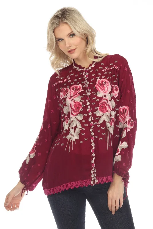 Johnny Was Rosalia Floral Embroidered Long Sleeve Blouse Boho Chic C17022