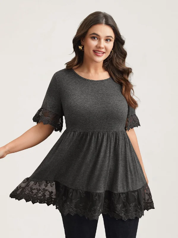 Lace Detail Round Neck Peplum Top