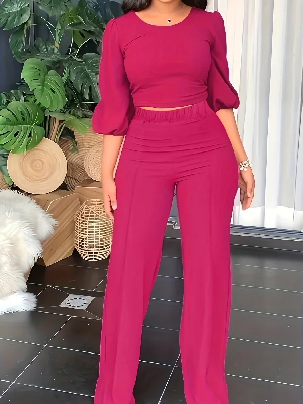 Sixsr Casual Solid Two-piece Set, Lantern Sleeve Crop Blouse & Wide Leg Pants Outfits, Women's Clothing