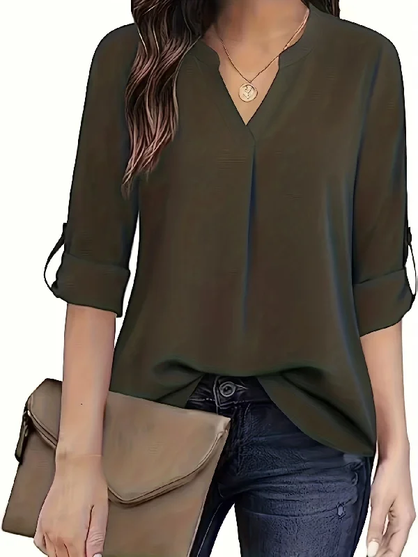 Sixsr Solid Simple Blouse, Casual V Neck Long Sleeve Blouse, Women's Clothing