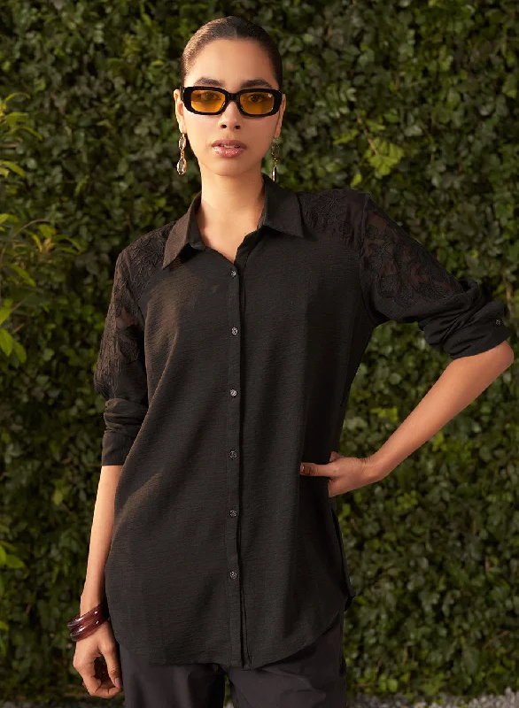 Ryesha Mysterious Black Embroidered Cotton Gauze Shirt for Women